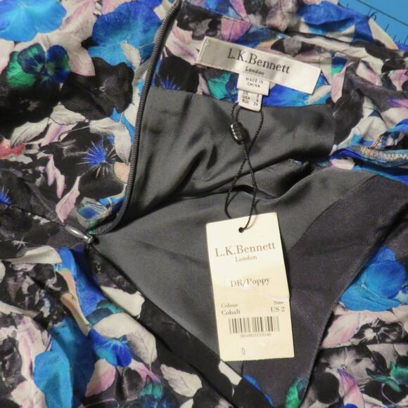 LK Bennett Silk Midi Dress Coquette Floral Short Sleeve Tie Waist Womens 2 NWT - Picture 8 of 11
